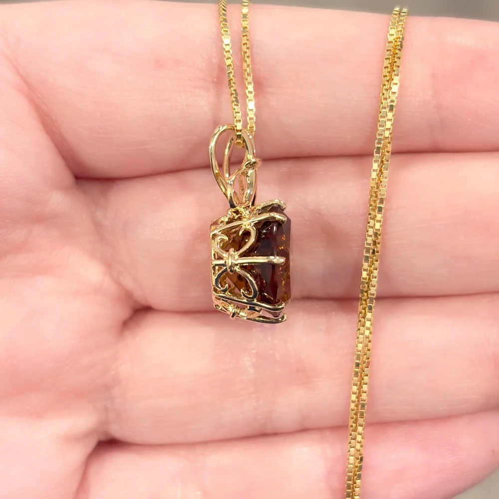 Vintage 14K Gold Smoky Quartz Pendant Necklace: Filigree Bow, Star Cut - Picture 8 of 10